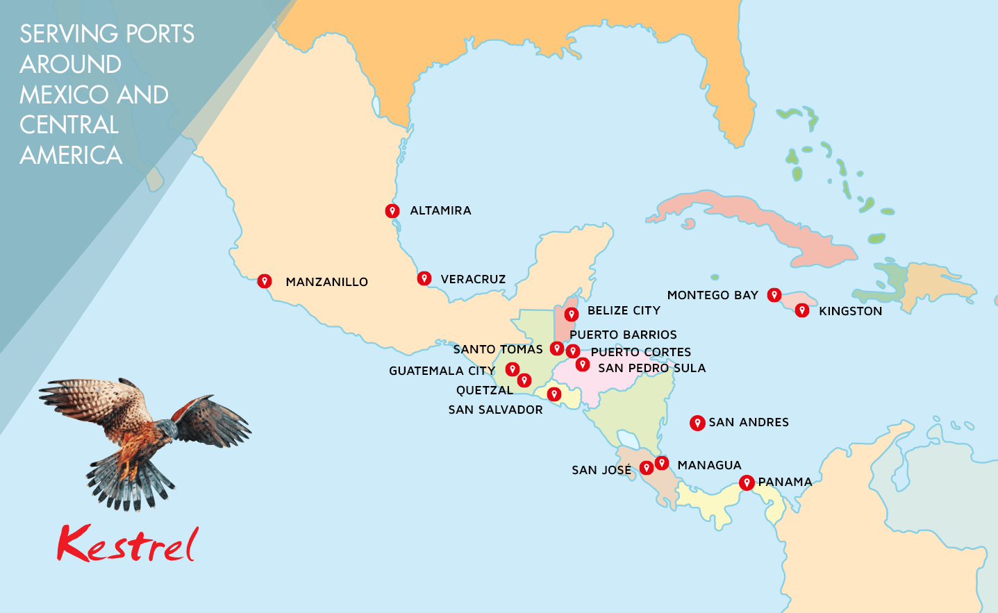 map showing locations of mexican central america ports served by kestrel caribbean shipping services